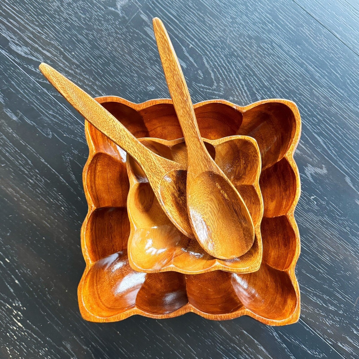 Wood Salad Serving Set of Monkey Pod Tongs Bowls Scalloped