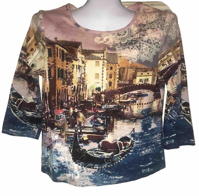 Take Two Clothing Co Size L Top Gondola Buildings Travel 3/4 Sleeves 100% Cotton