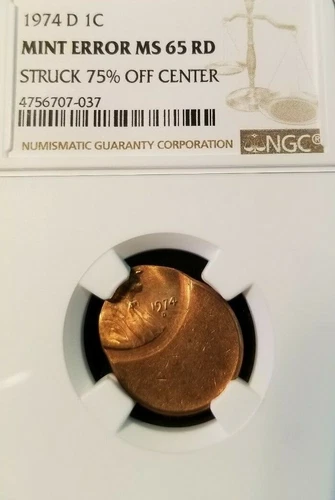 1974 D LINCOLN CENT 1C NGC MS 65 RD MINT ERROR STRUCK 75% OFF CENTER BEAUTIFUL