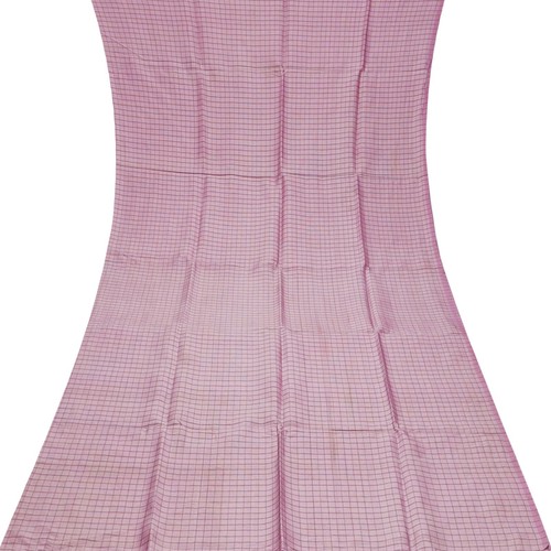 Restante De Tela De Sari De Comprobar De Seda Pura 100% Rosa Hecho A Mano 4YD - Imagen 3 de 4