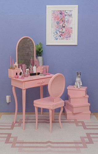 💗pink MIRROR VANITY CHAIR SET desk FURNITURE dressing table 1:6 for BARBIE - Picture 2 of 8