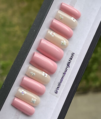  CUSTOM Gel Press On False Nails, PINK W FLOWERS BLING, NEW 10p Set Med Square