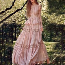 Women's Blush Pink Lace Maxi Dress Long Sleeve Tiered Boho Formal Evening Gown
