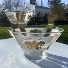 MCM Gold Frost Chip and Dip Bowl Set w/ Clip 1950s Atomic Barware Hazel Atlas