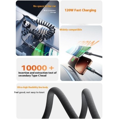 Highly speed 120W USB C Cable Retractably Spring Design Braided Cord For Laptops
