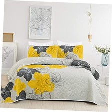 3 Pieces Quilt Set King Yellow Floral Pattern King 104"x 90" Yellow Flower