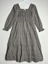 Cream Maxi Tier Dress Checkered Ruffle Sleeve Milkmaid Boho Peasant Tan 38