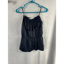 Trina Turk Black Silk Tank top Cami Small Tie Waist Ruffle Gold