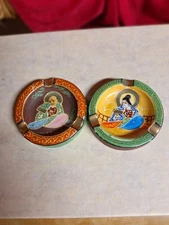 Vintage round ceramic ashtrays made in Japan Lot of 2 hand painted each has 3 