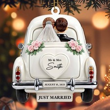 Just Married New Couple Personalized Custom Wood Ornament Gift For Newlyweds