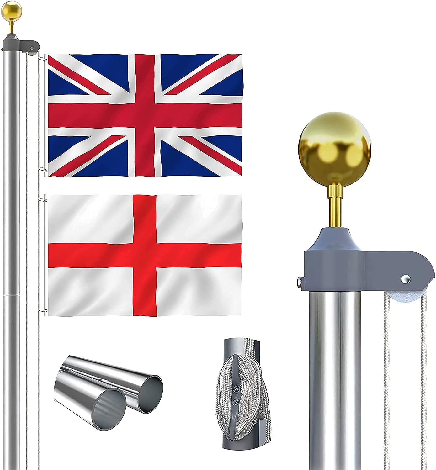 20 FT Sectional Flag Pole Kit Extra Thick Aluminum Flagpole with 2 Fla