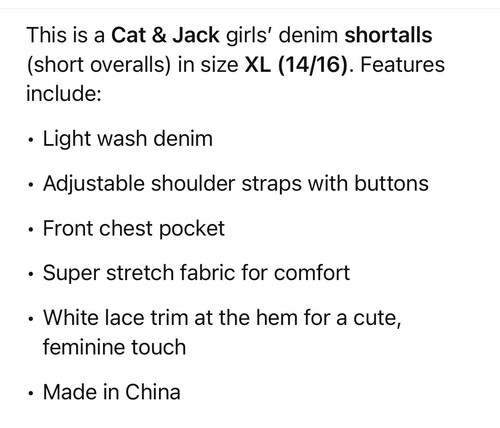 Cat & Jack Girls Overall Shortalls Light Wash Cut Off Bib Shorts, size XL /14/16 - Picture 3 of 13