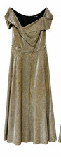 Xscape Gold Metallic Off-the-Shoulder Long Go...