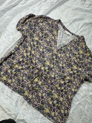 TREASURE & BOND Floral Chiffon Bow Blouse Purple Yellow Cream Short Sleeve M