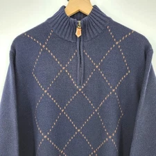 Scott Barber Mens 1/4 Zip Pullover Sweater L Navy Argyle Wool Italy Old Money