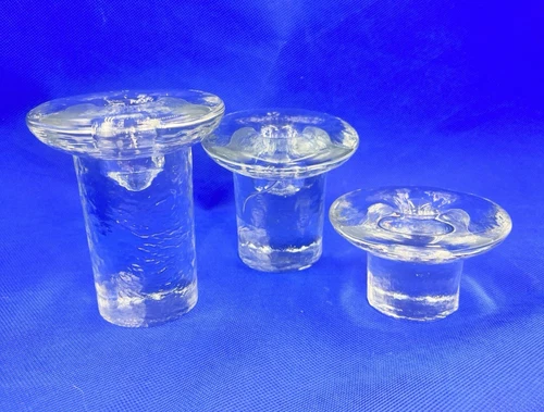 Set of 3 Blenko MCM Clear Glass Taper Candle Holder Mushroom Shape  4", 3" & 2"