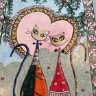 Hand Painted Acrylic Art Piece Cats In Heart Folk Art 3D On Board — photo 2