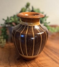 Handcrafted Wood Turned Vase Striped Inlay Design 5 inch Decorative Vessel