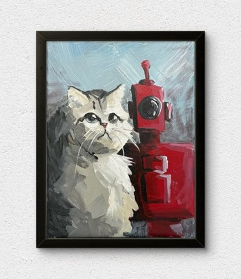 Original 8x10 Cat Robot Painting Whimsical Animal Art Acrylic Canvas