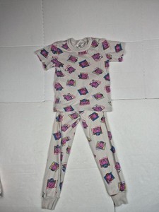 Vintage Barney Bop Pajamas Two Piece Set Size 7 AOP 1990s FLAWS STAINS Retro