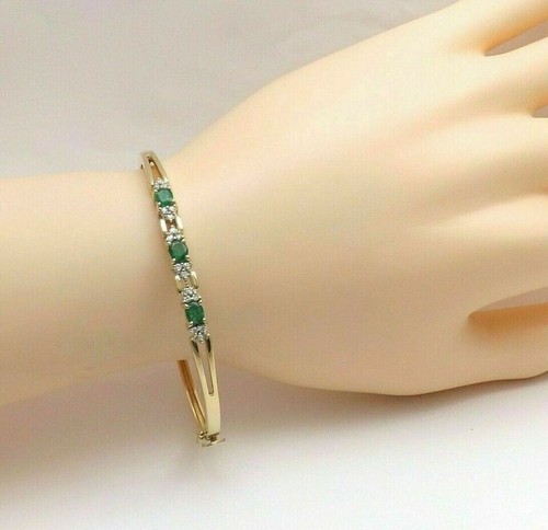 3Ctl Lab Created Green Emerald Diamond Wedding Women Bangle 14K Yellow Gold FN - Picture 5 of 6