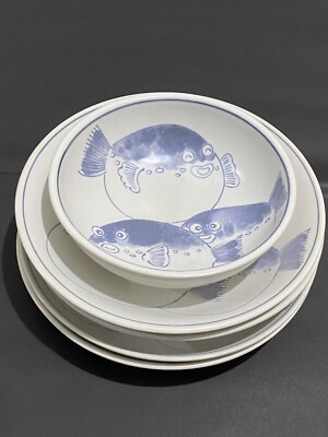 Weiß & Blau Vintage Japanische Teller mit Kugelfisch/Fugu Fisch Malerei 5er S...
