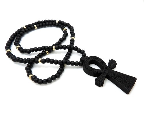 RAPPER STYLE ANKH CROSS PENDANT & 6mm 26" WOODEN BEAD CHAIN HIP HOP NECKLACE - Picture 5 of 15