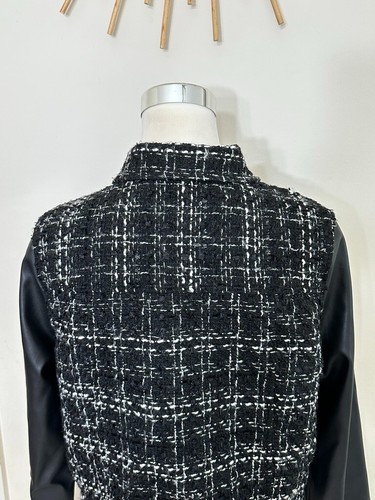 Laundry by Shelli Segal Womens Black Plaid Jacket Blazer Leather Sleeves M NWT - Picture 8 of 16