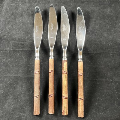Reed & Barton Rebacraft 4 Dinner Knives Japan Stainless Flatware Wood Bamboo MCM