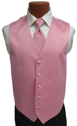 New Men's Rose Pink Satin Tuxedo Vest Choice of Bow or Long Tie Wedding Prom - Picture 5 of 5