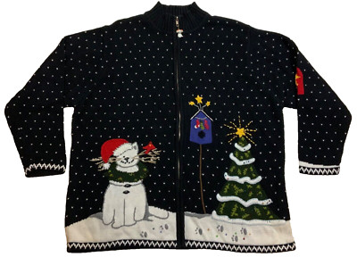 Quacker Factory Women Christmas Sweater 1X Black Cardigan Full Zip Knit Cat