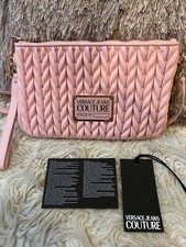 VERSACE Jeans Couture Logo Plaque Crunchy Quilted Crossbody Bag Clutch Pink/Gold