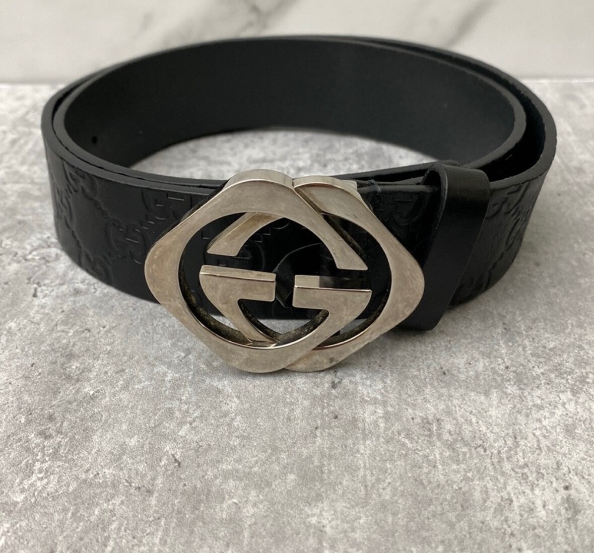 GUCCI Men's Black Gucci Guccissima Monogram Silver Logo Buckle Belt 85-34