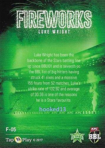 2017 Luke Wright BBL Big Bash FIREWORKS SUBSET Card Melbourne Stars - Imagen 2 de 2