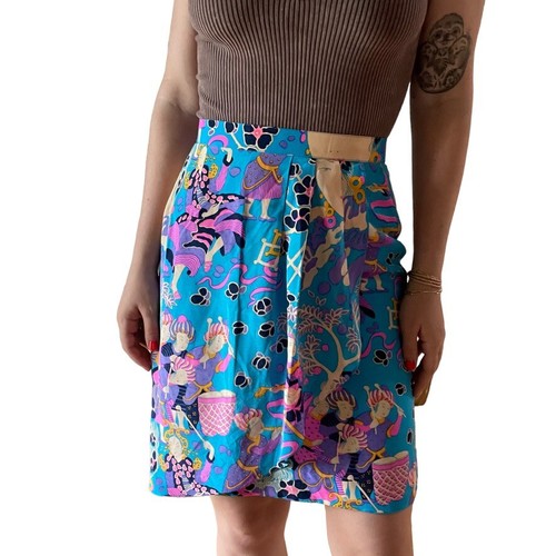 Vintage 90s Womens 100% Silk Neon Blue Pleated High Waisted Japanese Skirt Sz S - 第 1/6 張圖片
