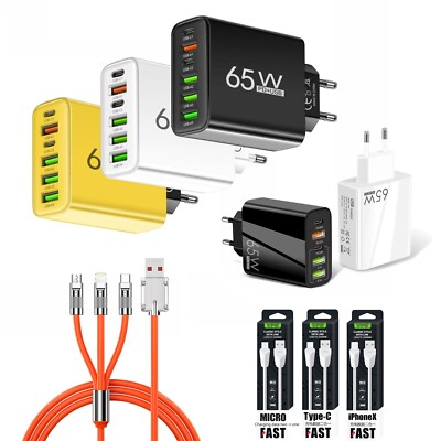 6-Fach Schnell Ladegerät Stecker 6 x USB Port 65W Netzteil Adapter Handy Tablet