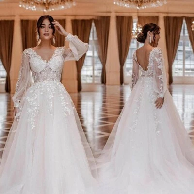 Langarm Brautkleid Hochzeitskleid A-Linie Weiß Ivory 38 40 42 Maßgeschneidert - Bild 1 von 4