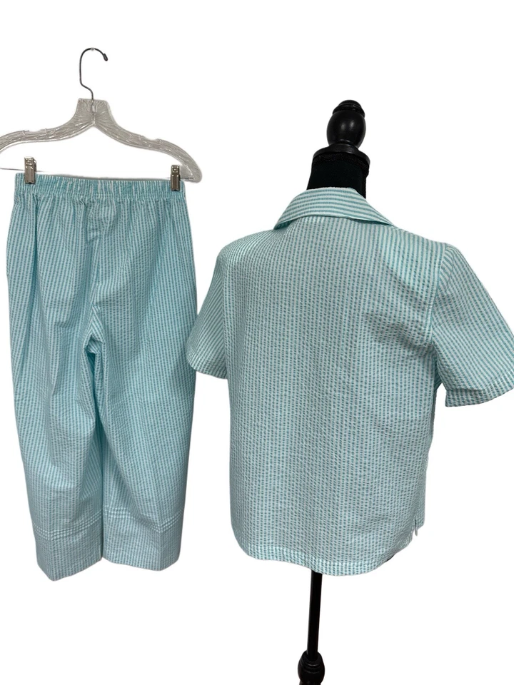 Conjunto de pantalón vintage Koret mujer talla pequeña verde azulado rayas Seersucker bordado náutico Foto 3 de 4