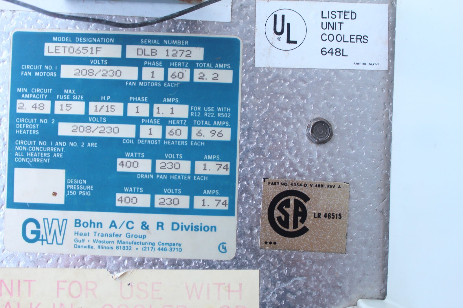 BOHN Heat Transfer Walk in Cooler LET0651F Evaporator Unit eBay