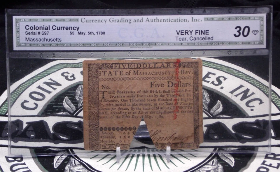 $5 Five Dollar May 5, 1780, Massachusetts Colonial Currency Note #697 ECC&C, Inc - Image 3 of 4