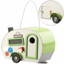 Nistkasten in Wohnwagen-Optik aus Holz mit Metalldach, mit Verzierung