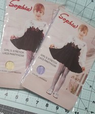 2 Sophia Girl's Lace Pantyhose Size XL Extra Large 11-14 LAVENDER  YELLOW 
