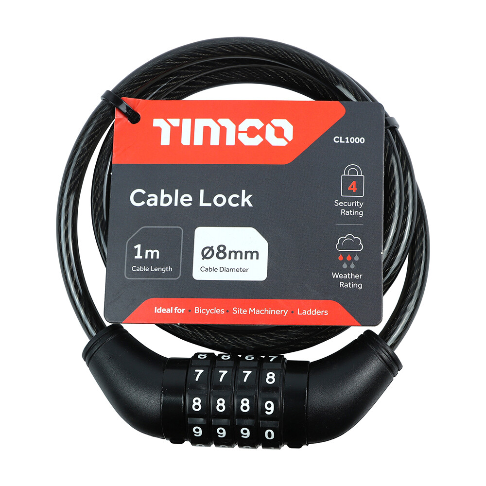 Timco Combination Cable Lock Security Locking Bicycles Machinery Bikes 8mmx1m
