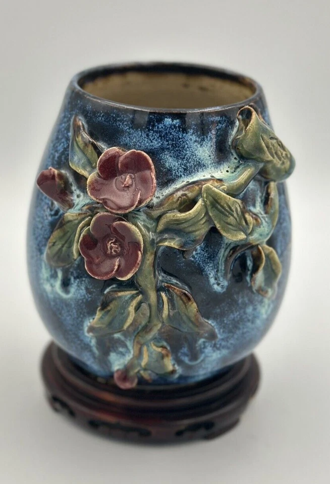 Jarrón de cerámica maceta Jun horno gres China azul cobalto rojo flores y hojas verdes Foto 2 de 4