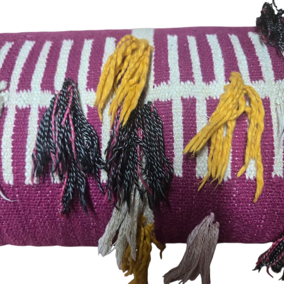 Anthropologie All Roads Lumbar Pillow 12x25” Purple Knit Tassels Metallic Thread - Image 2 of 4
