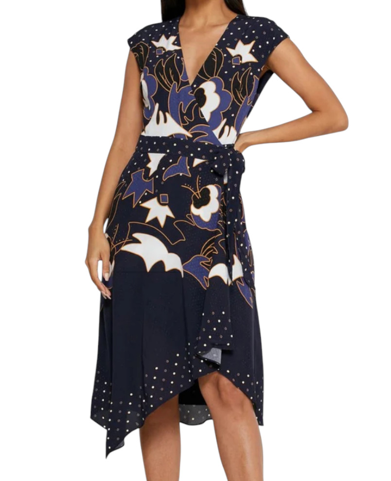 TED BAKER LONDON Saretti Wrap Dress Masquerade Navy Blue ASYMMETRIC A-Line 1/4/S