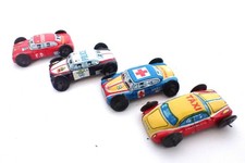 Lot 4 Vintage 50s Miniature Tin Litho Toy Cars Japan Police Taxi Ambulance Fire