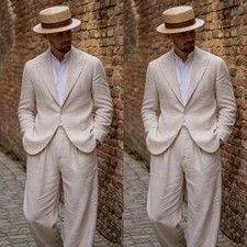 White Linen Men's Suits Formal Wedding Peak Lapel Summer Blazer Men Tuxedos