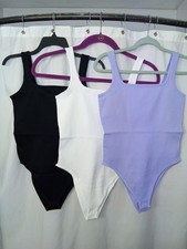 NWT Ribbed Stretch Square Boat Neck Tank Top Cami Bodysuit Snap Slim Support WHT