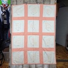 Vintage Handmade Embroidered Animal Baby Quilt 37x52 Pink Nursery Blanket Stains